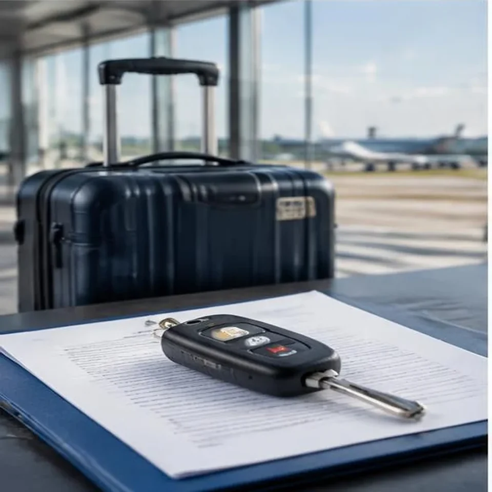 Rental car keys and luggage with insurance paperwork