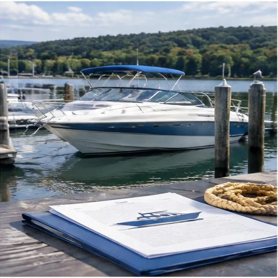 Motorboat at a marina with watercraft insurance documents
