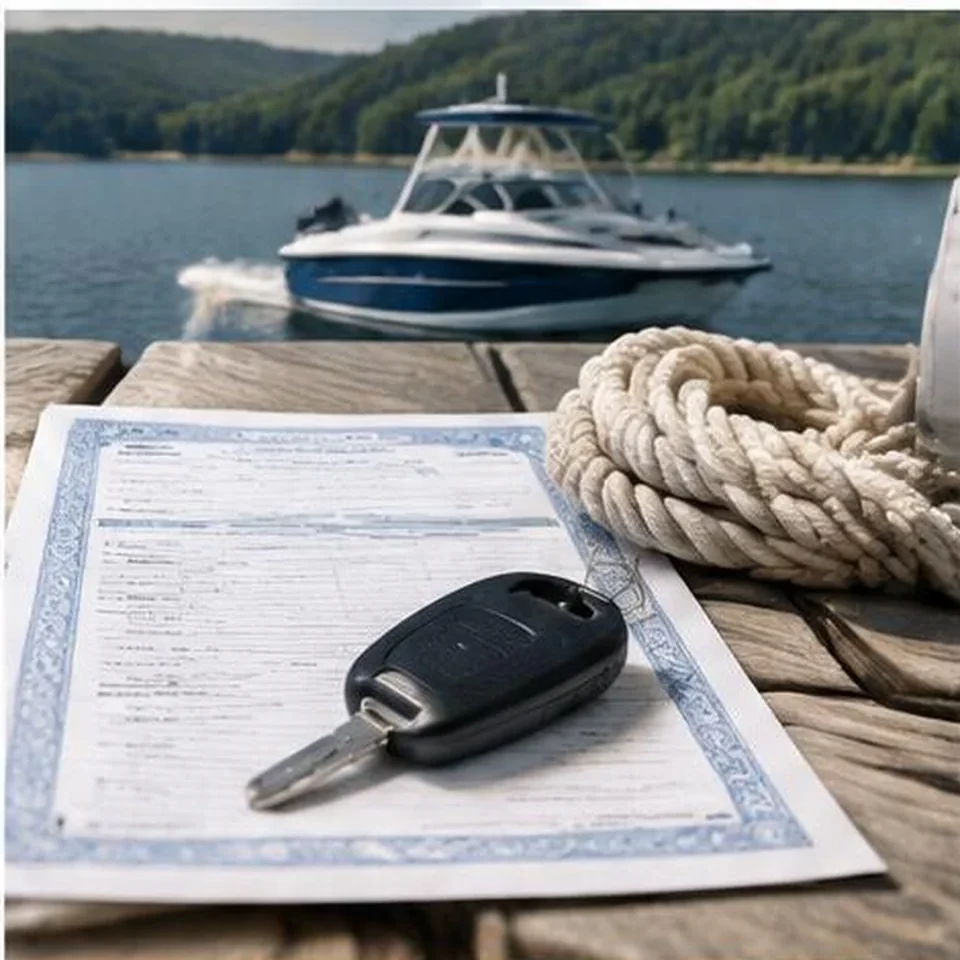 Boat title paperwork beside a boat key and dock rope