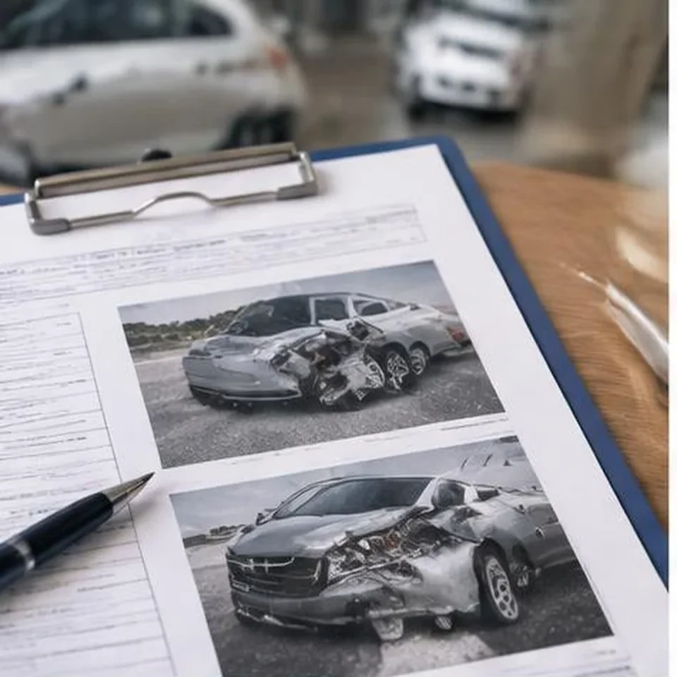 Vehicle damage photographs and insurance claim documents