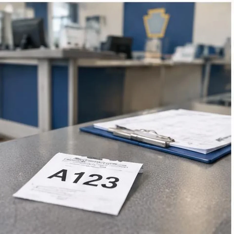 Vehicle paperwork and service ticket at a DMV assistance counter