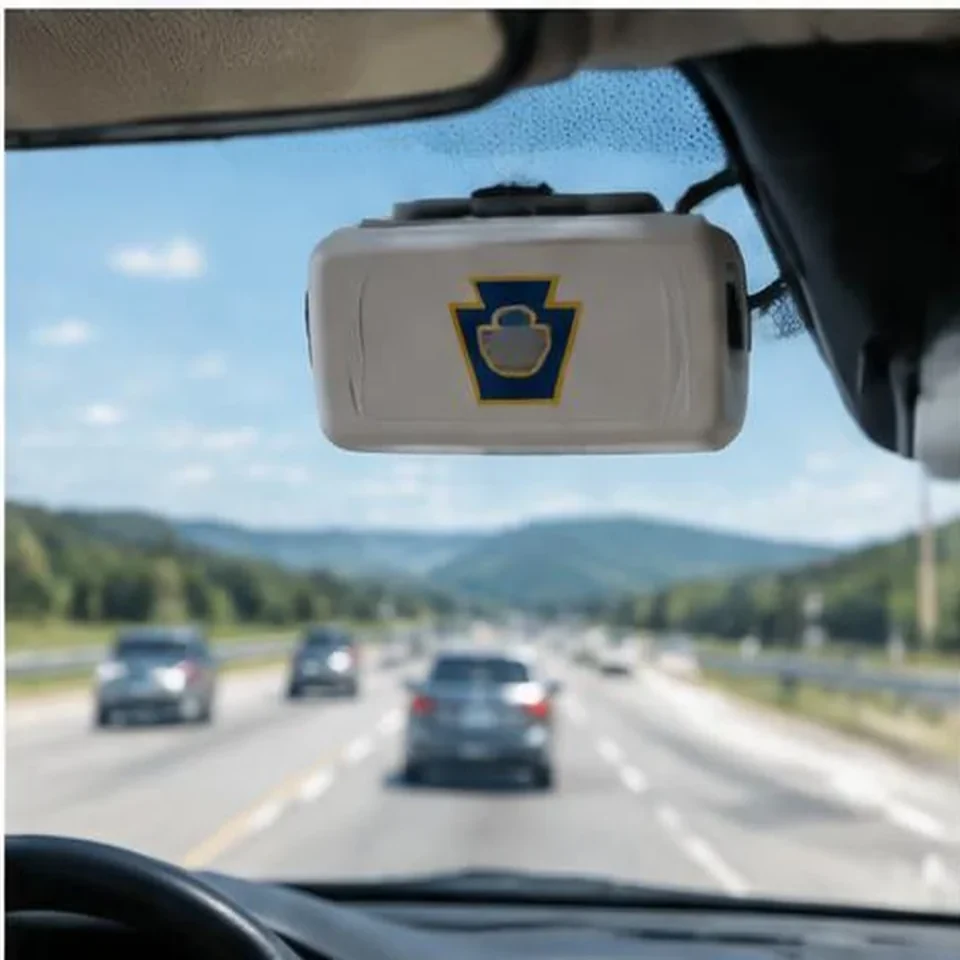 E-ZPass toll transponder mounted on a windshield above a highway