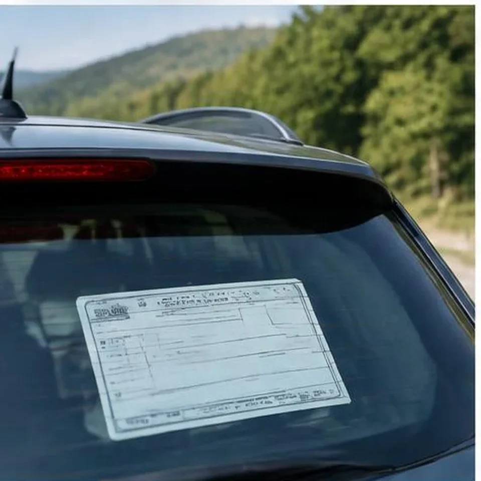 Temporary in-transit tag displayed in a vehicle window