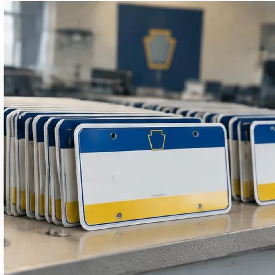 Pennsylvania-style license plates organized at an auto tag counter