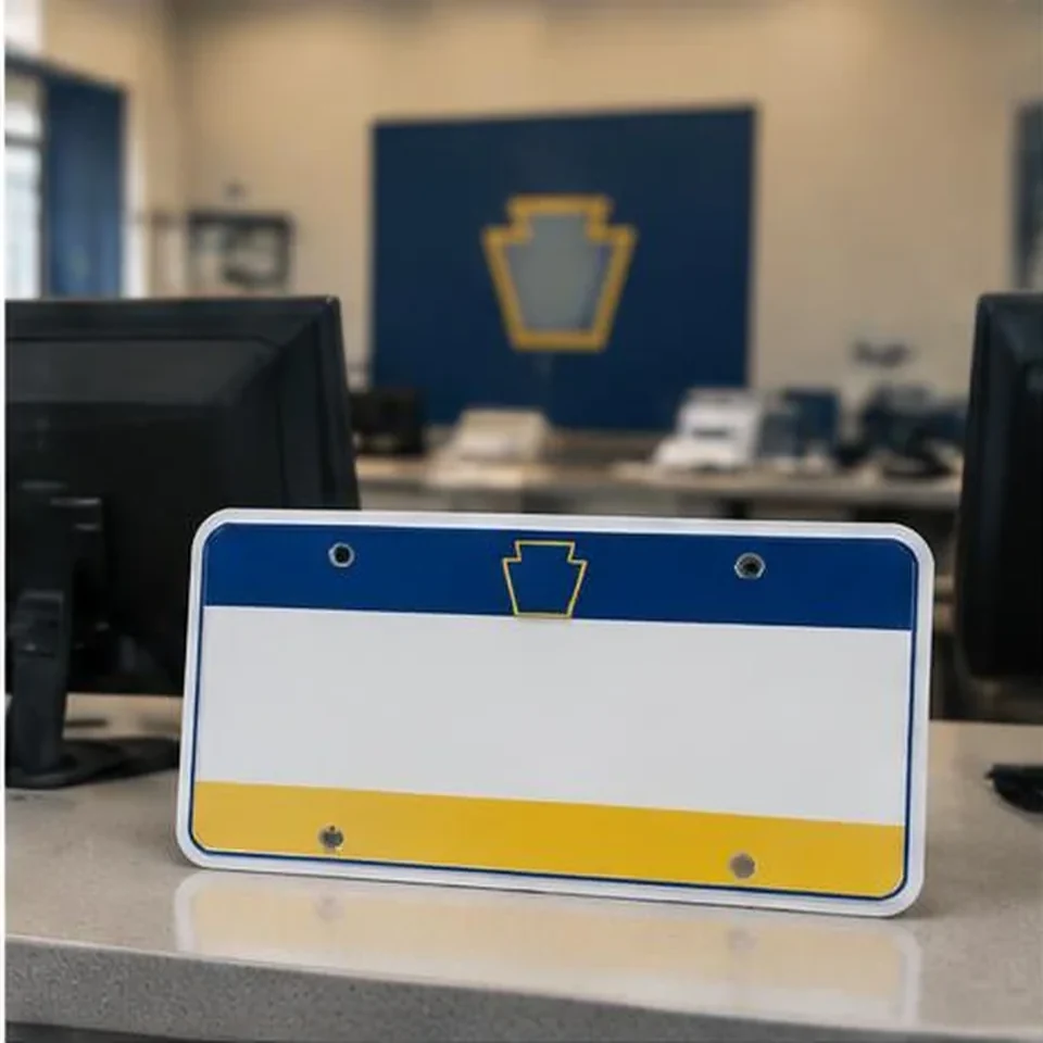 Pennsylvania-style license plate and auto tag forms at a service counter