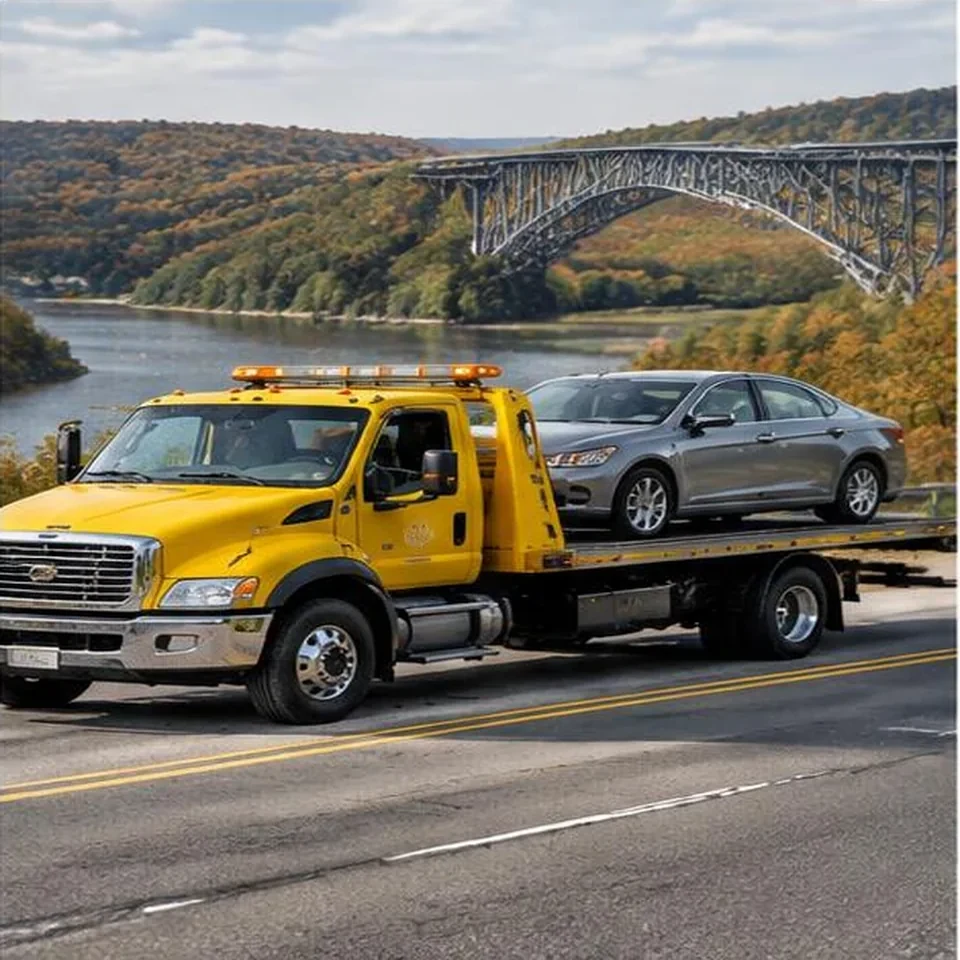 Tow truck providing roadside assistance to a disabled car