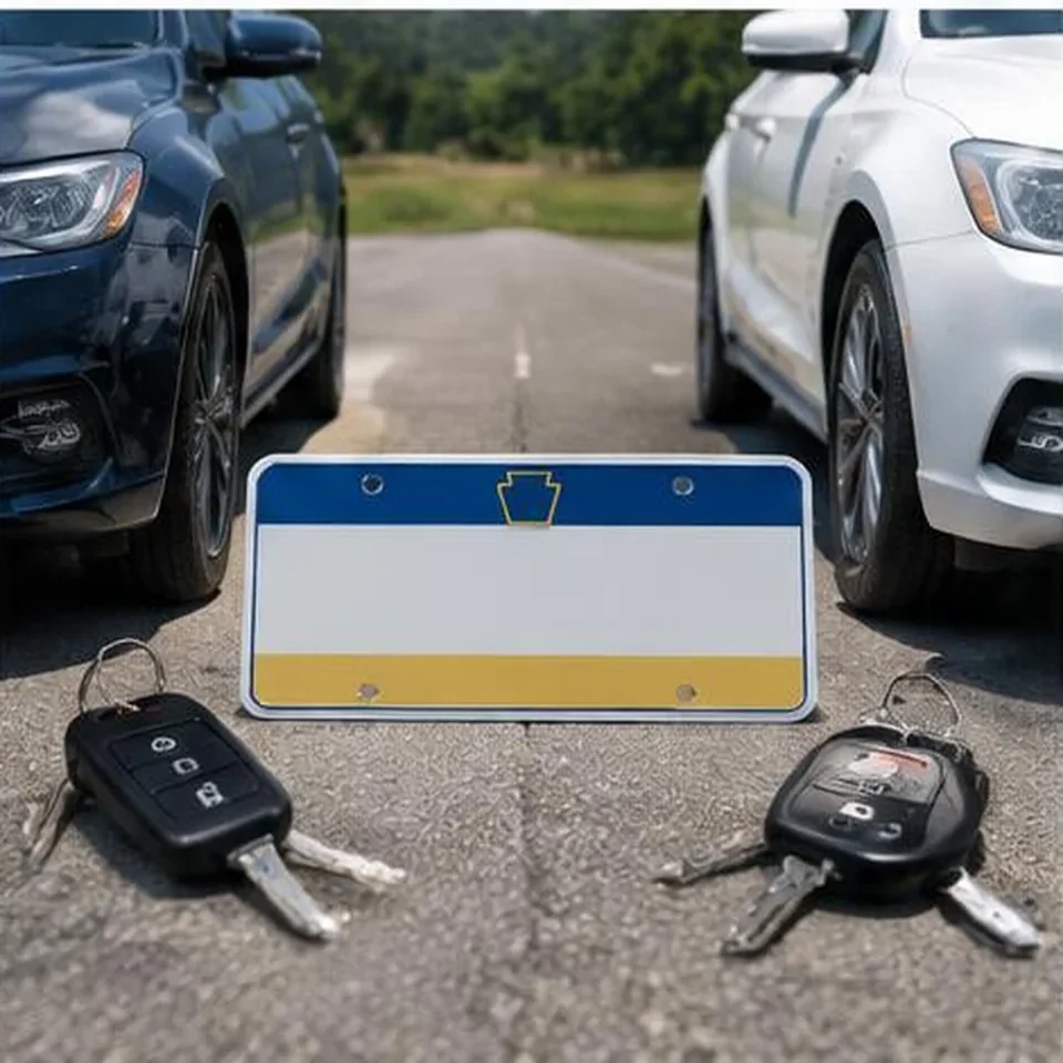 License plate and two vehicle key sets prepared for a tag transfer